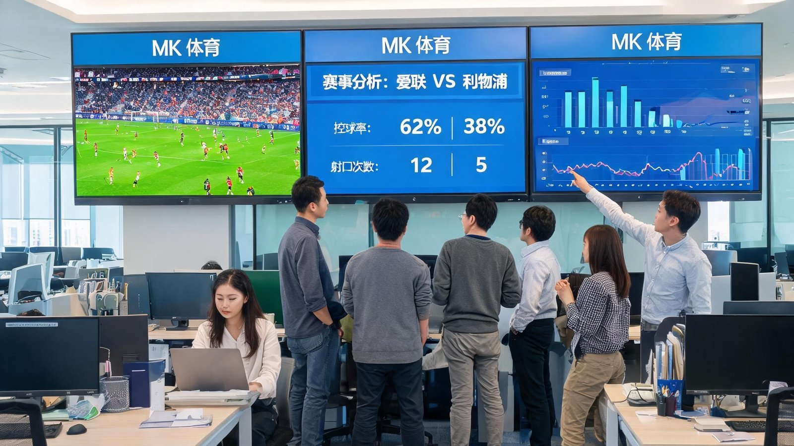 MK体育公司开放式办公环境，团队成员在多块大屏幕前分析体育数据和直播流