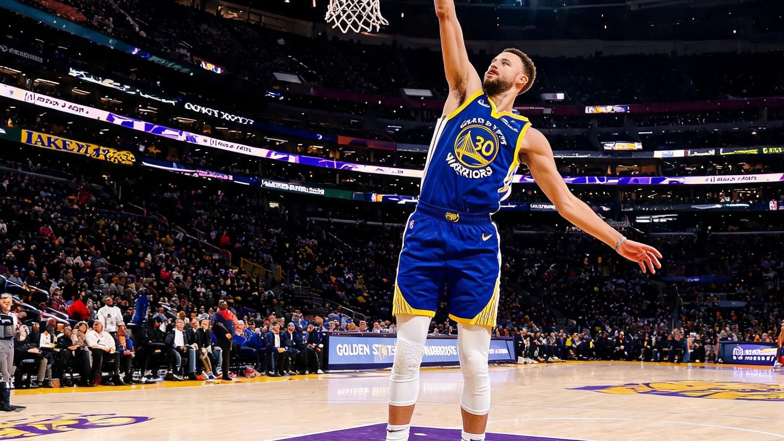 NBA常规赛洛杉矶湖人迎战金州勇士，库里三分出手的瞬间